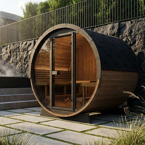 SaunaLife Model EE8G; Ergo Elegance Series Outdoor Sauna Barrel Kit, Glass Front, Up to 6 Persons