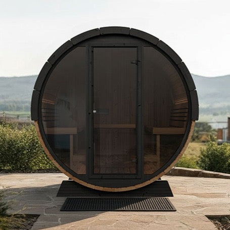 SaunaLife Model EE8G; Ergo Elegance Series Outdoor Sauna Barrel Kit, Glass Front, Up to 6 Persons