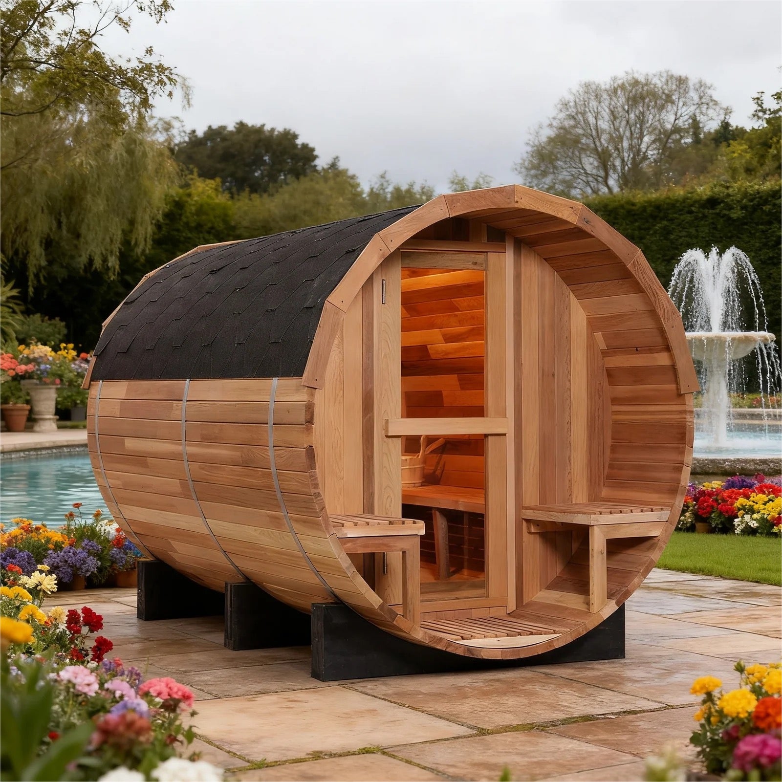 6 Person Outdoor Barrel Sauna with Front Porch, Patchwork Red Cedar Traditional Steam Barrel Sauna Kit with Outdoor Waterproof Tile and More