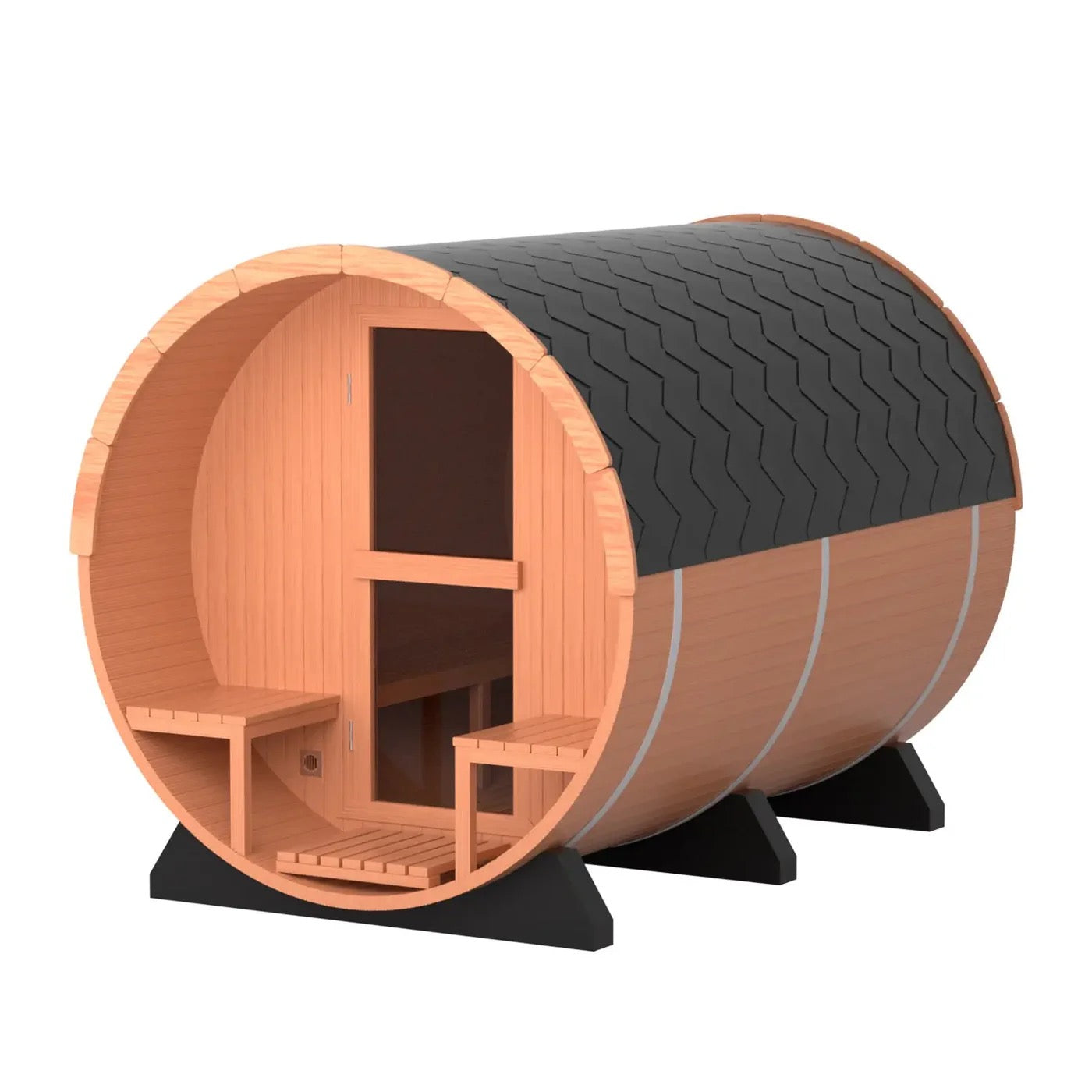 6 Person Outdoor Barrel Sauna with Front Porch, Patchwork Red Cedar Traditional Steam Barrel Sauna Kit with Outdoor Waterproof Tile and More