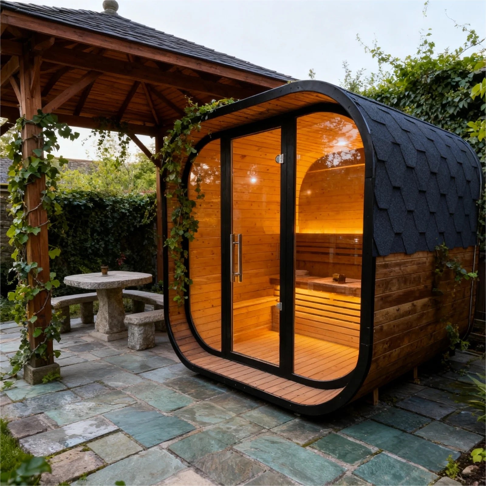 New 4-6 Person Black Square Premium Thermo Spruce Wood Outdoor Sauna