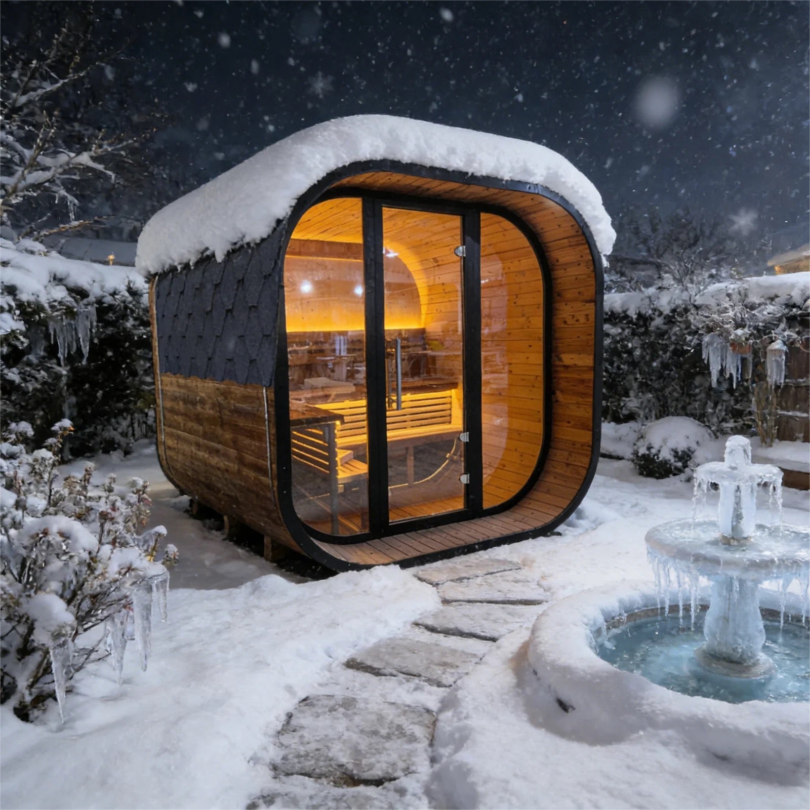New 4-6 Person Black Square Premium Thermo Spruce Wood Outdoor Sauna