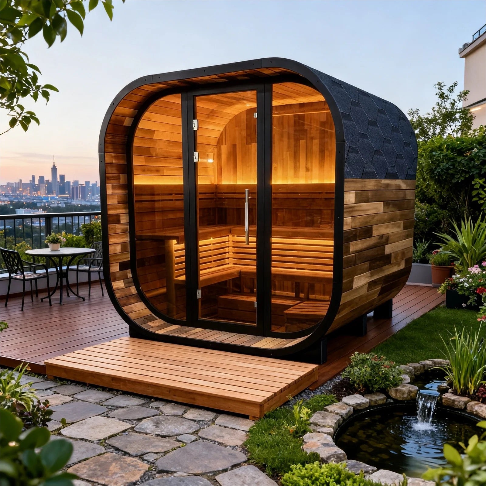 Black Square Premium Patchwork Red Cedar Outdoor Sauna 4-6 People