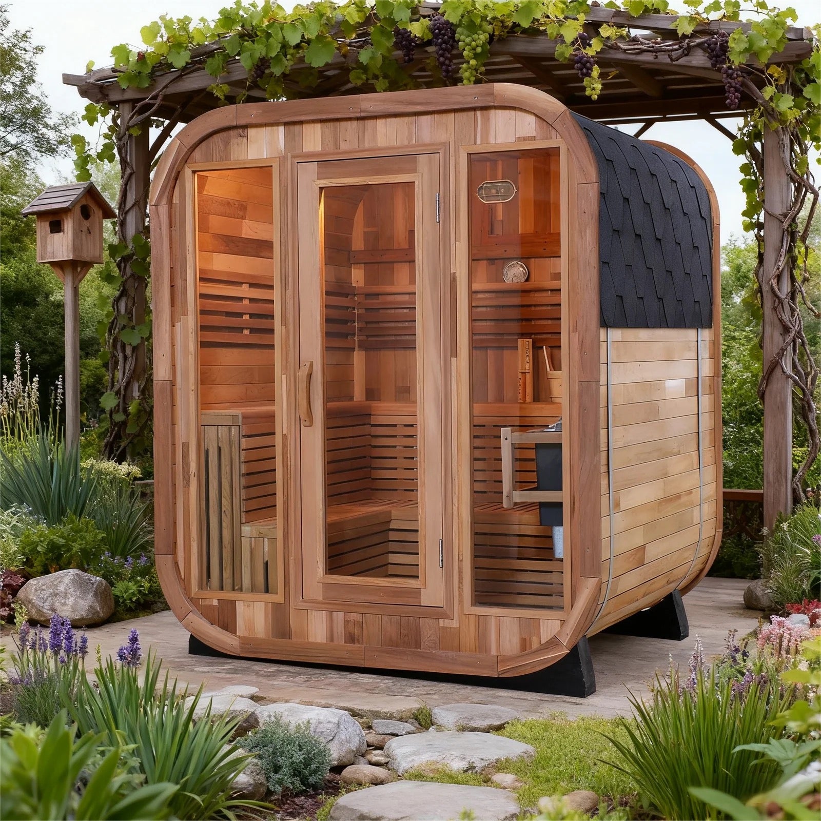6-Person Outdoor Square Sauna, Patchwork Red Cedar Traditional Steam Sauna Kit with Outdoor Waterproof Tile