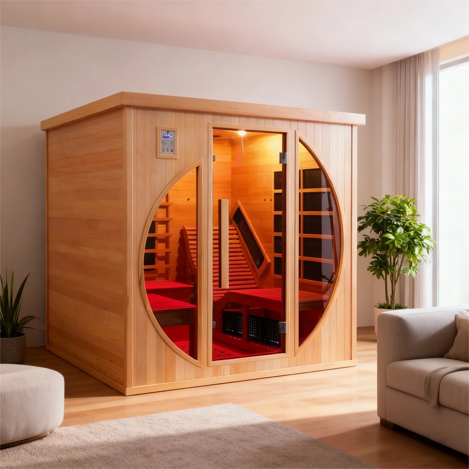 Premium Red Cedar Indoor Far Infrared Sauna- 2-Person Lay-Flat Lounge Chair Design, Relaxation Therapy for Home Relax, Natural Wood Construction