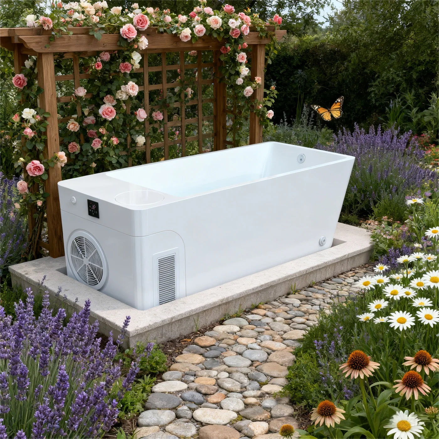Acrylic Ice Bath Tub with Built-In Ice Machine – All-in-One Cold Plunge Spa System for Athlete Recovery, Hydrotherapy, Home Gym, Modern Sleek, Cooling Design