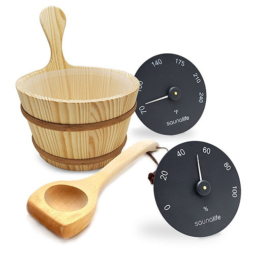 SaunaLife Essentials Set 3 Wood Sauna Bucket and Ladle Set with Black Thermometer and Hygrometer
