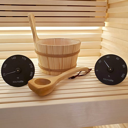 SaunaLife Essentials Set 3 Wood Sauna Bucket and Ladle Set with Black Thermometer and Hygrometer