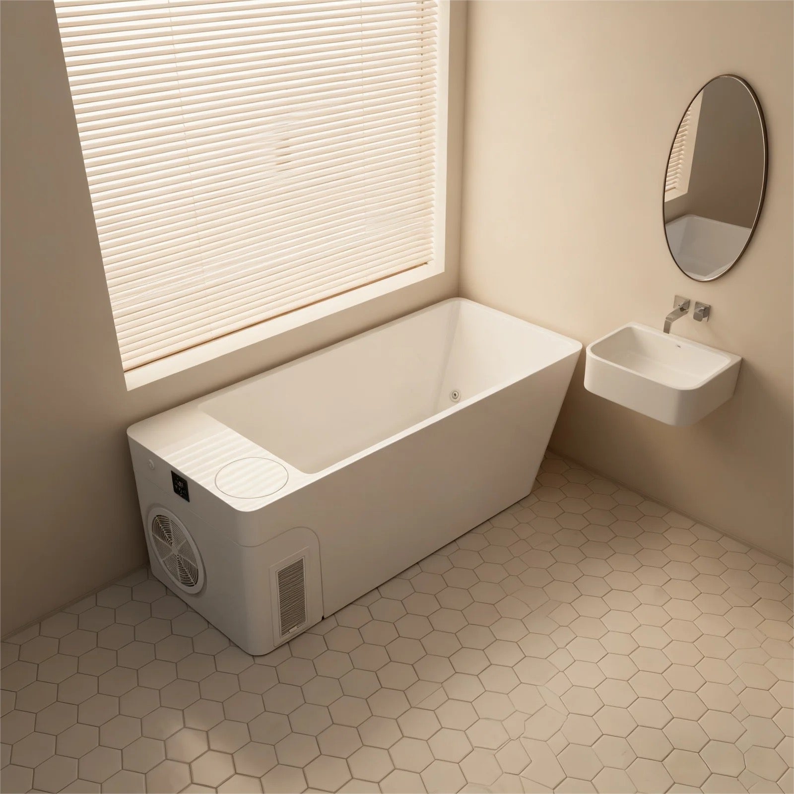 Acrylic Ice Bath Tub with Built-In Ice Machine – All-in-One Cold Plunge Spa System for Athlete Recovery, Hydrotherapy, Home Gym, Modern Sleek, Cooling Design