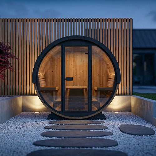 SaunaLife Model EE8G; Ergo Elegance Series Outdoor Sauna Barrel Kit, Glass Front, Up to 6 Persons