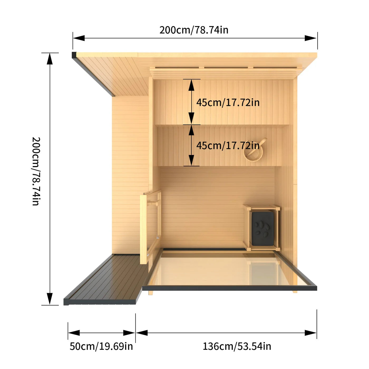 Helius Outdoor 4-6 Person Black Square Traditional Steam Sauna with Red Cedar Construction, 9000W Heater- - Luxury Home Spa Retreat for Backyard Relaxation