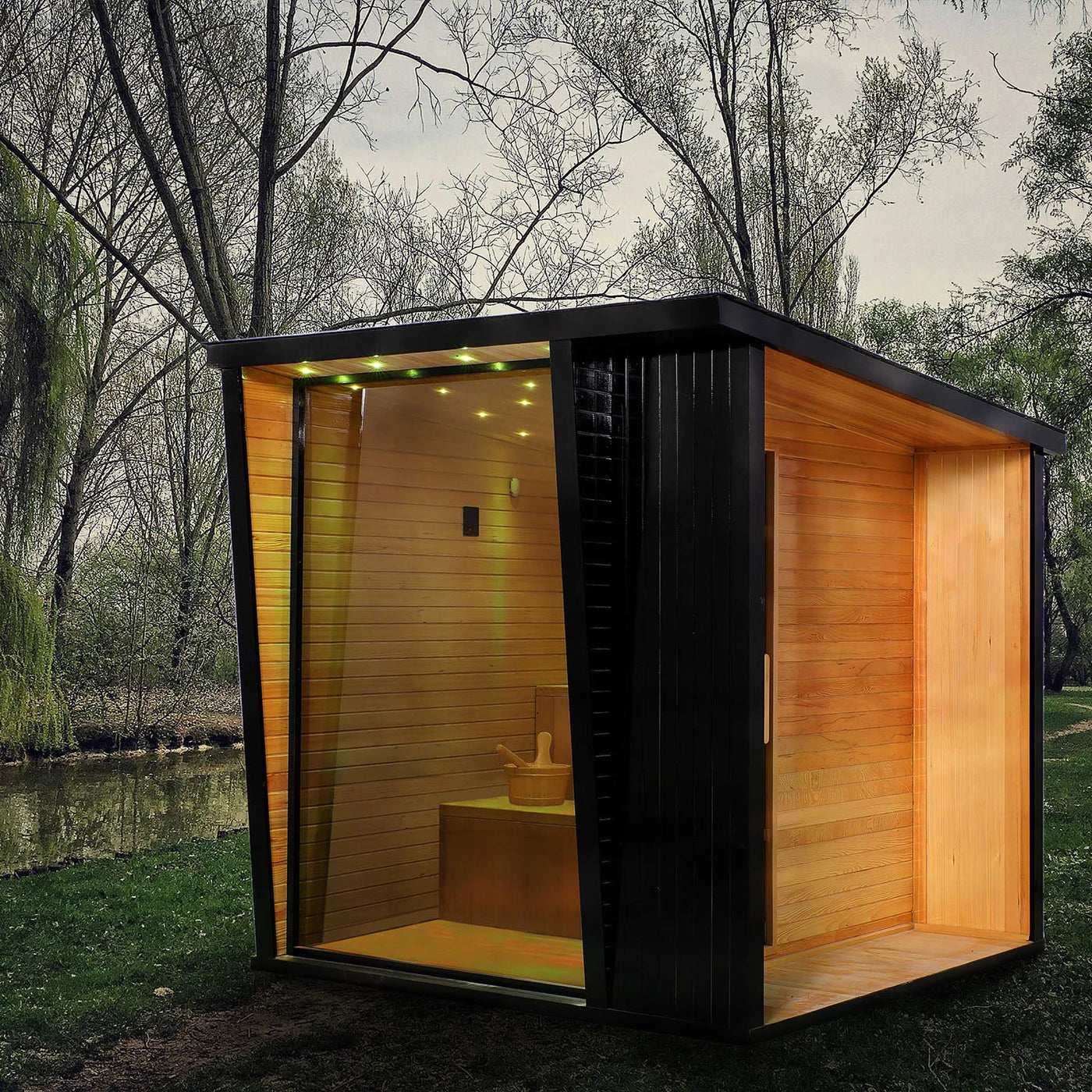 Helius Outdoor 4-6 Person Black Square Traditional Steam Sauna with Red Cedar Construction, 9000W Heater- - Luxury Home Spa Retreat for Backyard Relaxation