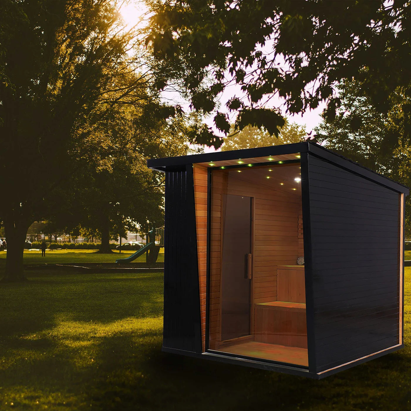 Helius Outdoor 4-6 Person Black Square Traditional Steam Sauna with Red Cedar Construction, 9000W Heater- - Luxury Home Spa Retreat for Backyard Relaxation