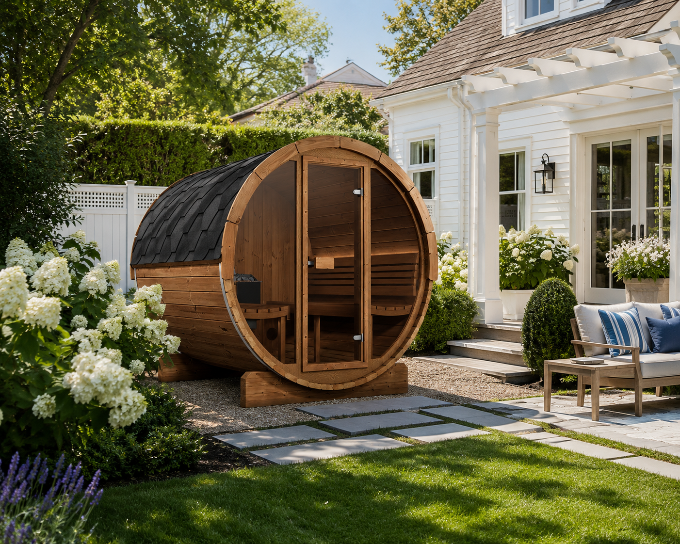 SaunaLife Model E8G Ergo Series Outdoor Sauna Barrel Kit, Glass Front, Up to 6 Persons; Thermo-Spruce
