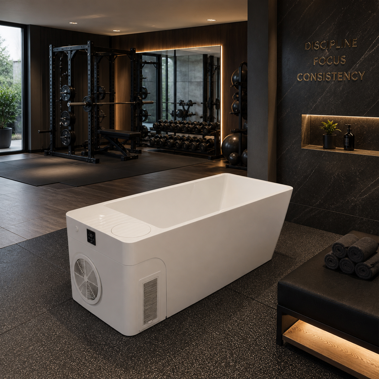 Acrylic Ice Bath Tub with Built-In Ice Machine – All-in-One Cold Plunge Spa System for Athlete Recovery, Hydrotherapy, Home Gym, Modern Sleek, Cooling Design
