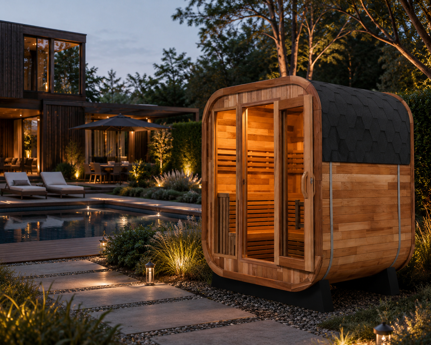 6-Person Outdoor Square Sauna, Patchwork Red Cedar Traditional Steam Sauna Kit with Outdoor Waterproof Tile