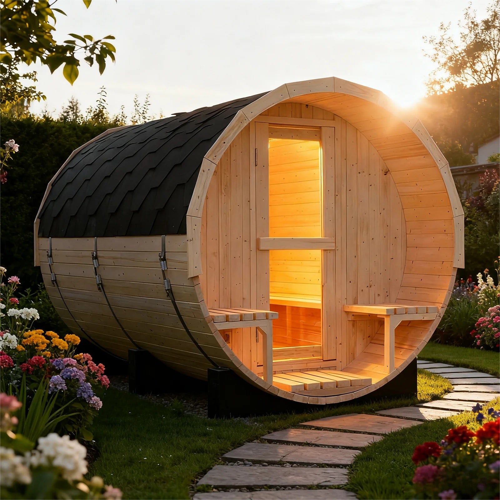 4-6 Person Outdoor Barrel Sauna Premium White Pine Wood, All-Weather Design for Backyard Relaxation