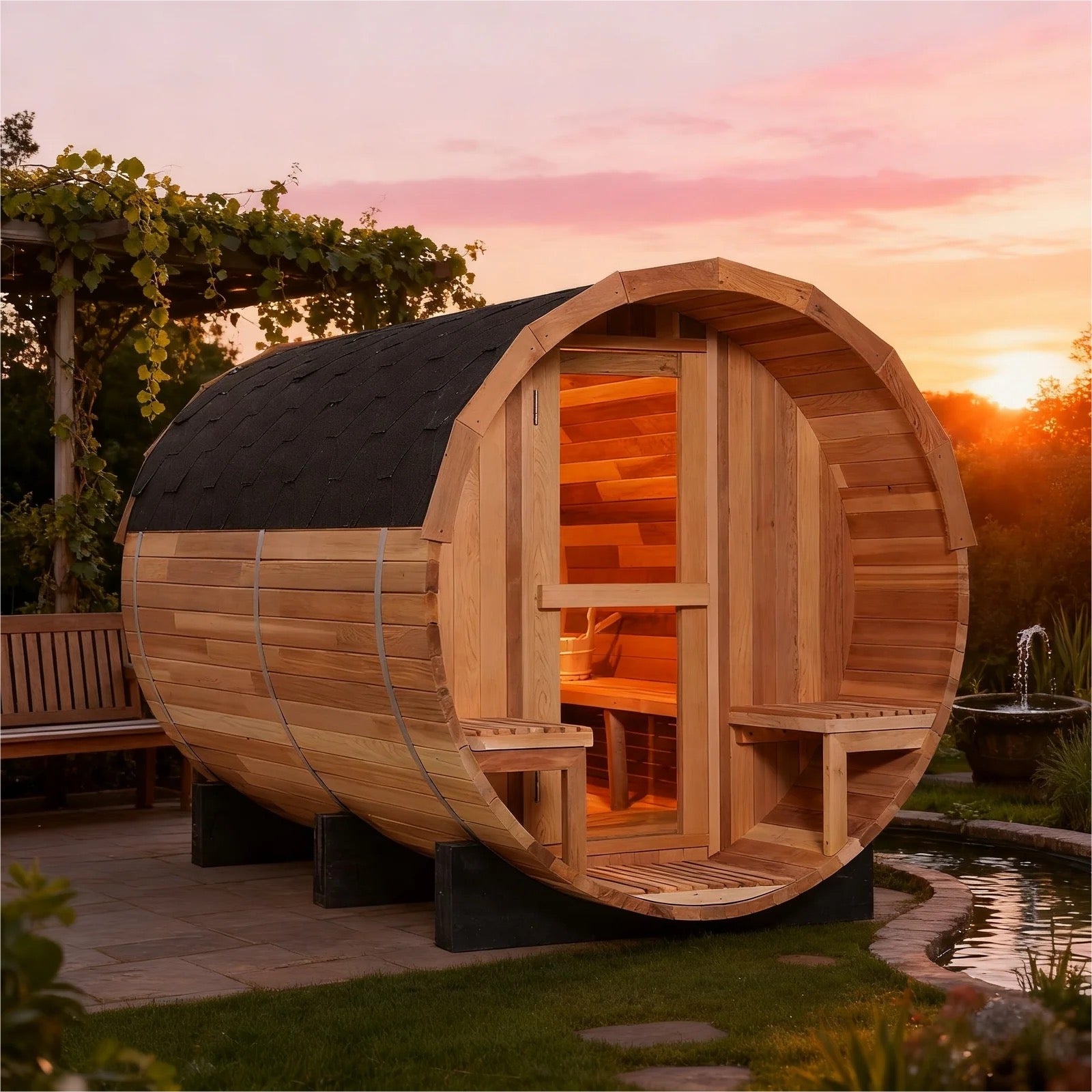 6 Person Outdoor Barrel Sauna with Front Porch, Patchwork Red Cedar Traditional Steam Barrel Sauna  Kit with Outdoor Waterproof Tile and More