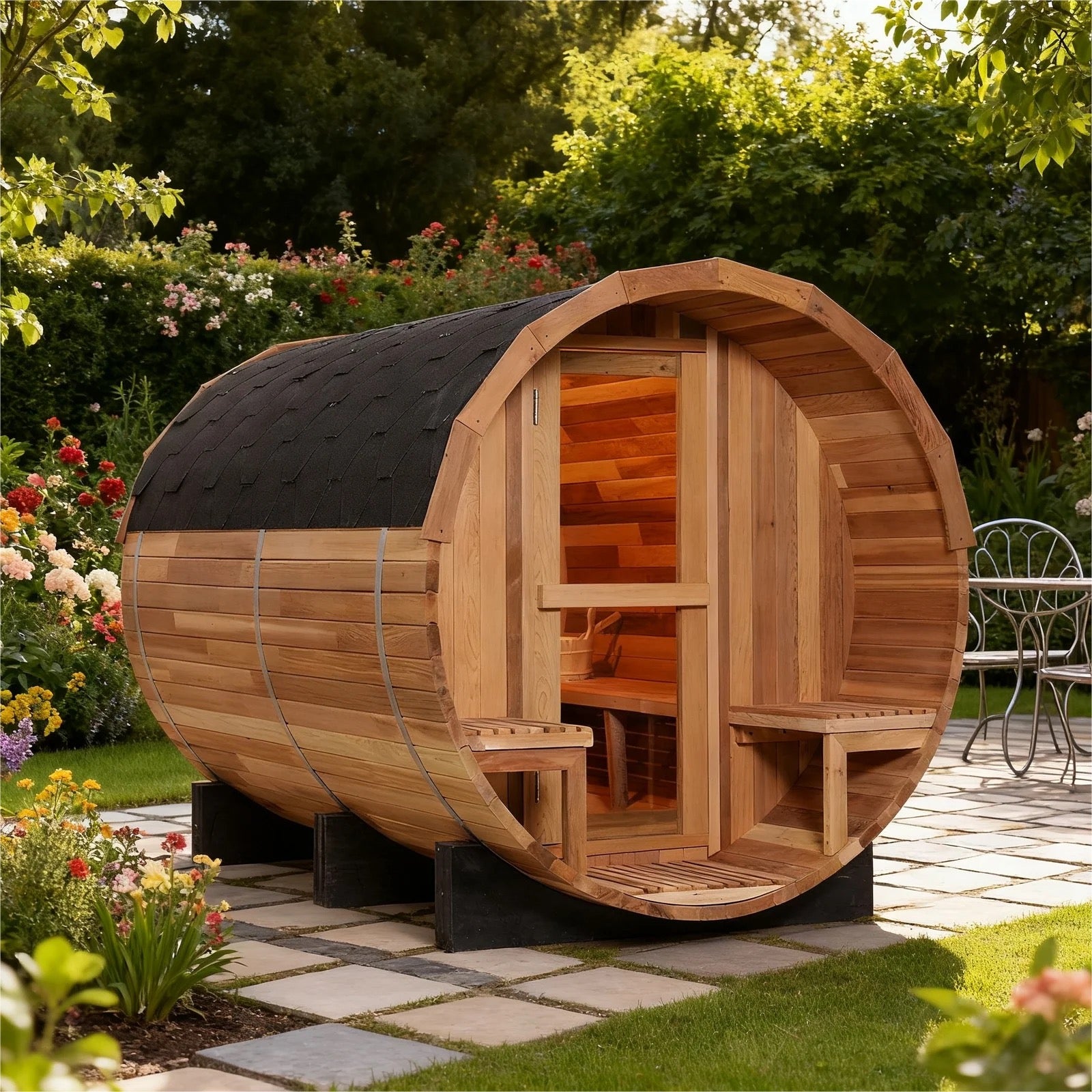 6 Person Outdoor Barrel Sauna with Front Porch, Patchwork Red Cedar Traditional Steam Barrel Sauna  Kit with Outdoor Waterproof Tile and More