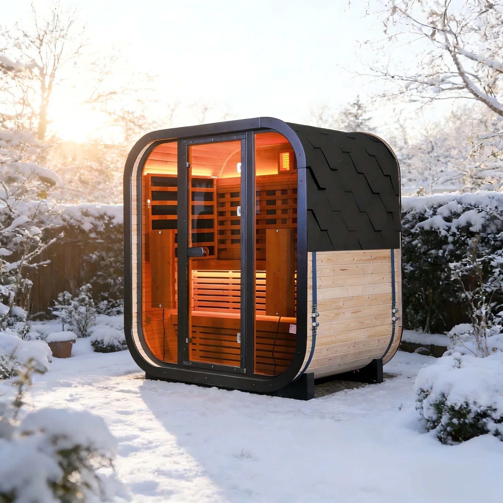 Outdoor Far Infrared Sauna for 4 Persons, Carbonized Spruce Wood Sauna Room with Dark Brown Tinted Glass, LED Chromotherapy Lights & Weather-Resistant Roof for Backyard/Patio Relaxation