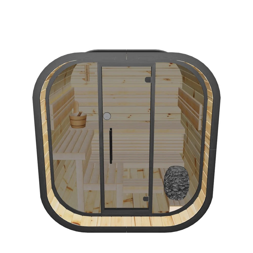 New 4-6 Person Black Square Premium Thermo Spruce Wood Outdoor Sauna