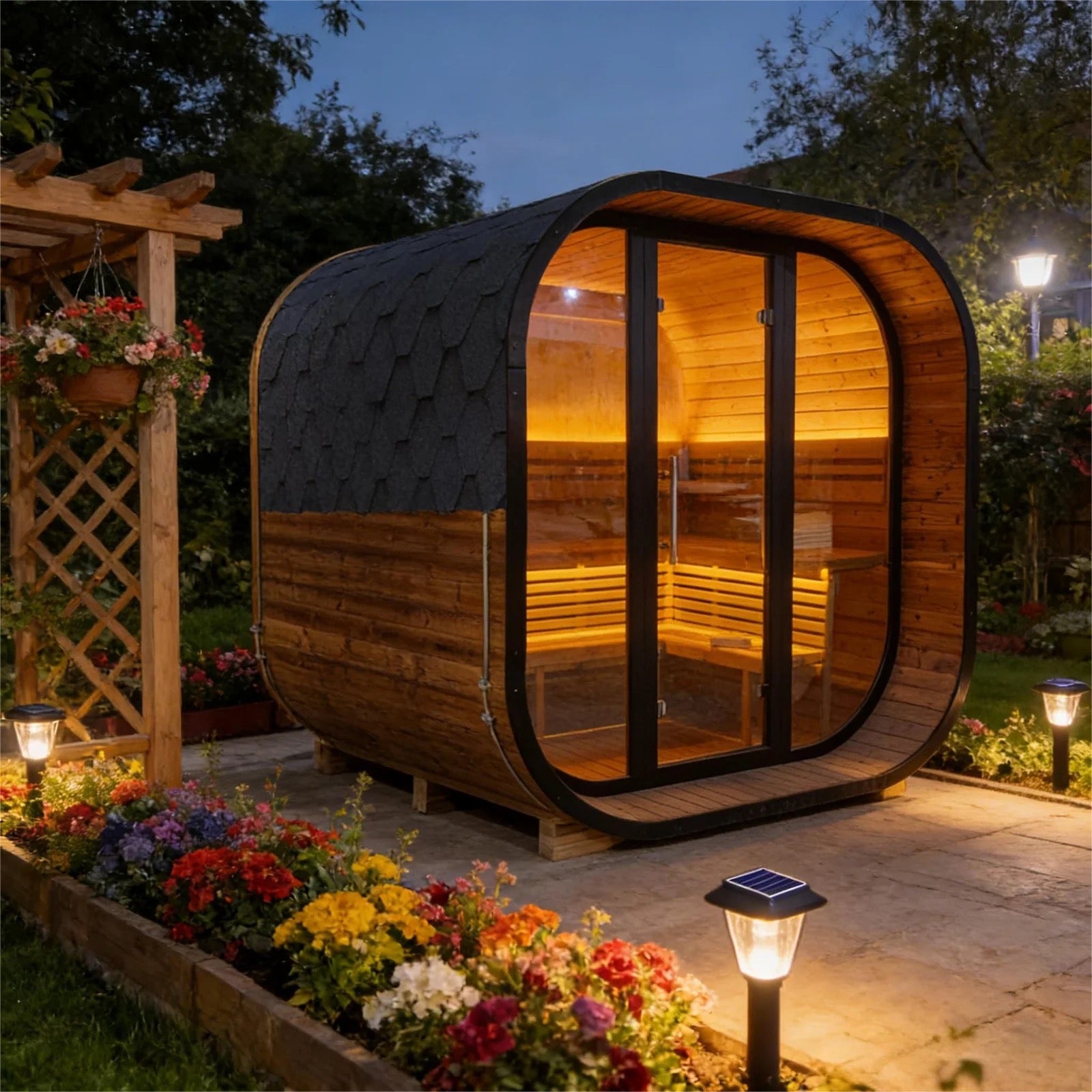 New 4-6 Person Black Square Premium Thermo Spruce Wood Outdoor Sauna