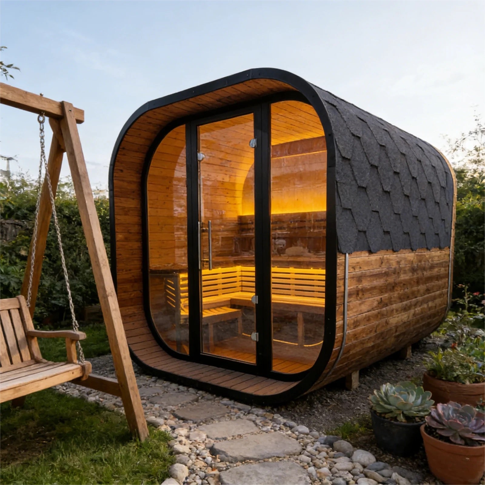 New 4-6 Person Black Square Premium Thermo Spruce Wood Outdoor Sauna