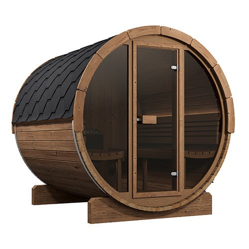 SaunaLife Model E8G Ergo Series Outdoor Sauna Barrel Kit, Glass Front, Up to 6 Persons; Thermo-Spruce