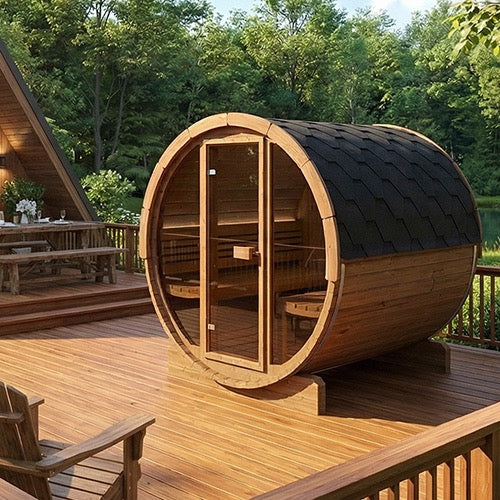 SaunaLife Model E8G Ergo Series Outdoor Sauna Barrel Kit, Glass Front, Up to 6 Persons; Thermo-Spruce