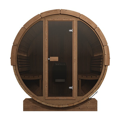 SaunaLife Model E8G Ergo Series Outdoor Sauna Barrel Kit, Glass Front, Up to 6 Persons; Thermo-Spruce