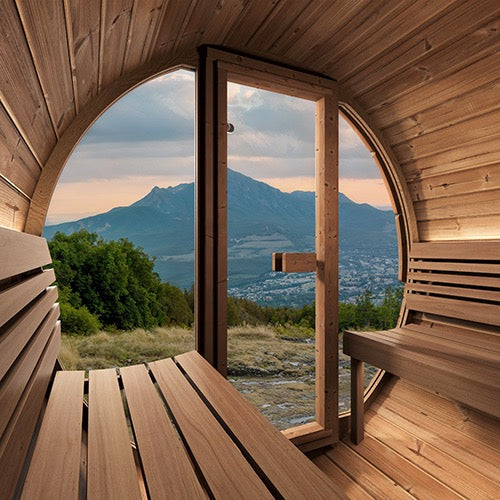 SaunaLife Model E8G Ergo Series Outdoor Sauna Barrel Kit, Glass Front, Up to 6 Persons; Thermo-Spruce