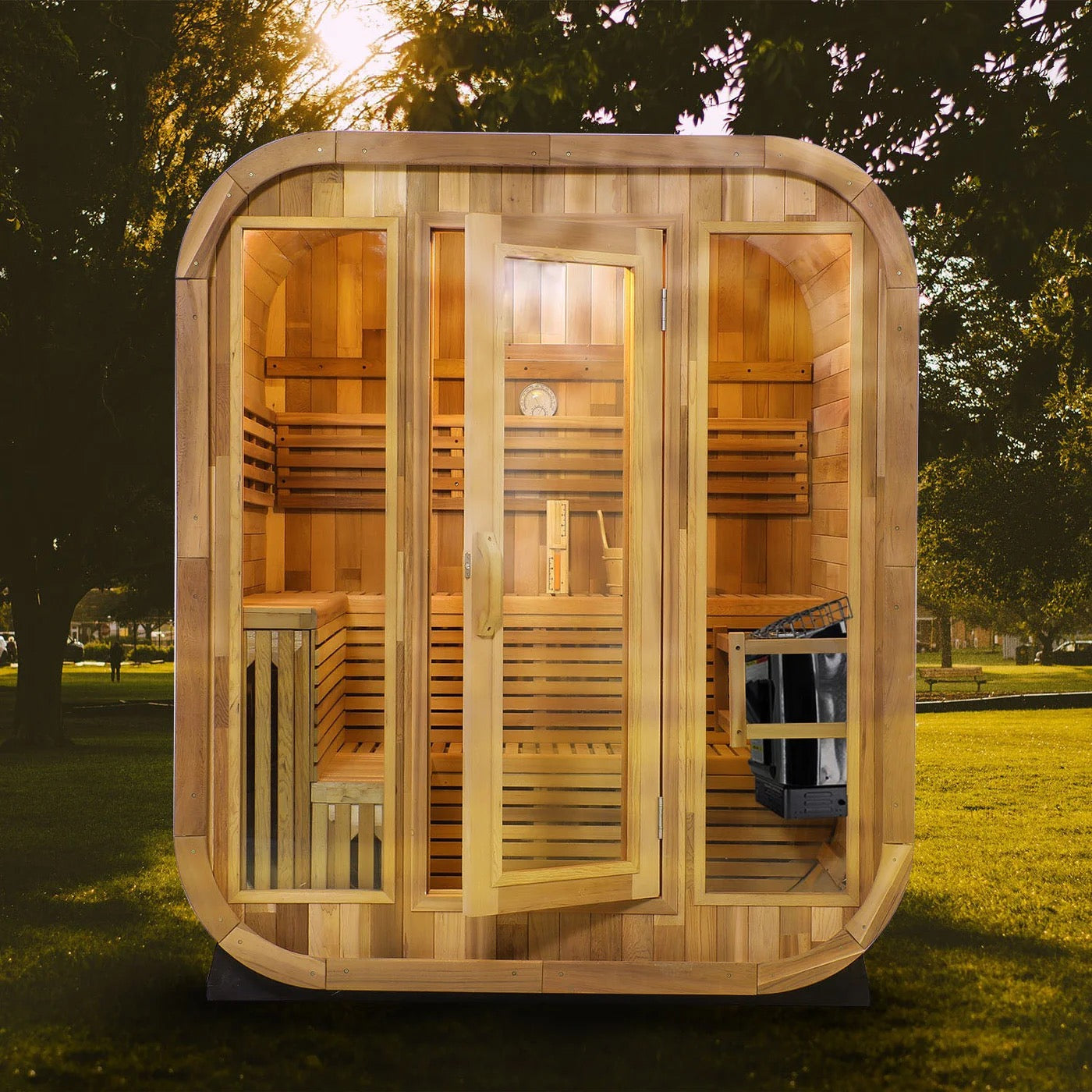6-Person Outdoor Square Sauna, Patchwork Red Cedar Traditional Steam Sauna Kit with Outdoor Waterproof Tile