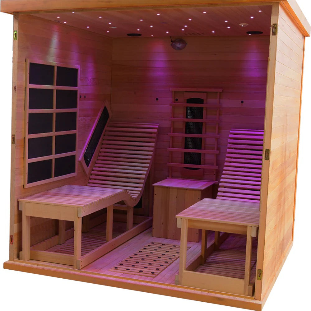 Premium Red Cedar Indoor Far Infrared Sauna- 2-Person Lay-Flat Lounge Chair Design, Relaxation Therapy for Home Relax, Natural Wood Construction