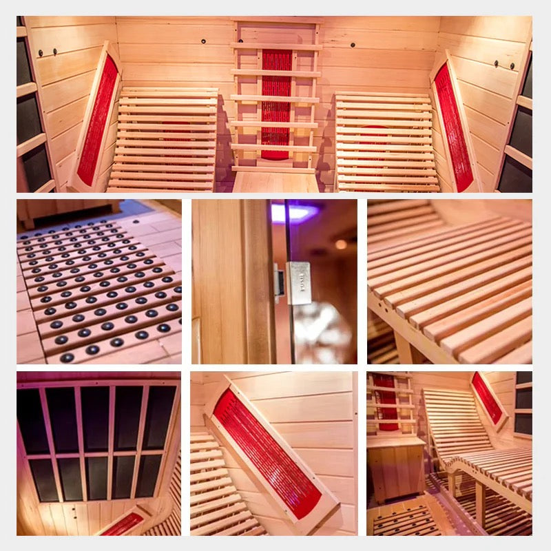 Premium Red Cedar Indoor Far Infrared Sauna- 2-Person Lay-Flat Lounge Chair Design, Relaxation Therapy for Home Relax, Natural Wood Construction
