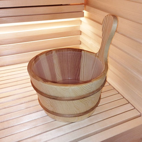 SaunaLife Essentials Set 3 Wood Sauna Bucket and Ladle Set with Black Thermometer and Hygrometer