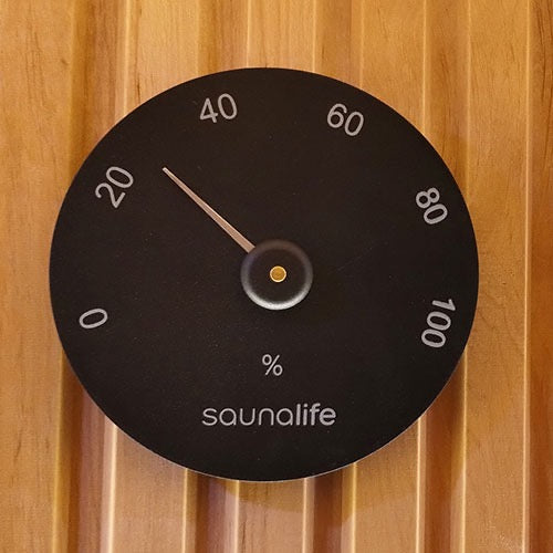 SaunaLife Essentials Set 3 Wood Sauna Bucket and Ladle Set with Black Thermometer and Hygrometer