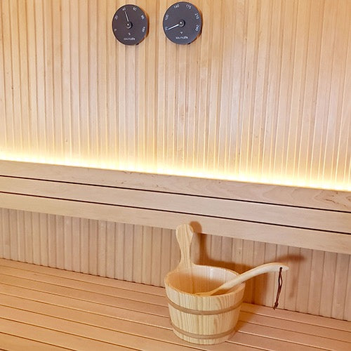 SaunaLife Essentials Set 3 Wood Sauna Bucket and Ladle Set with Black Thermometer and Hygrometer