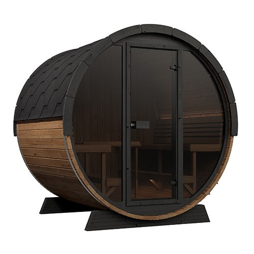 SaunaLife Model EE8G; Ergo Elegance Series Outdoor Sauna Barrel Kit, Glass Front, Up to 6 Persons