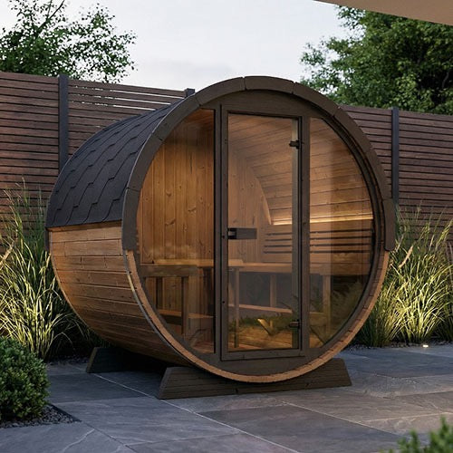 SaunaLife Model EE8G; Ergo Elegance Series Outdoor Sauna Barrel Kit, Glass Front, Up to 6 Persons