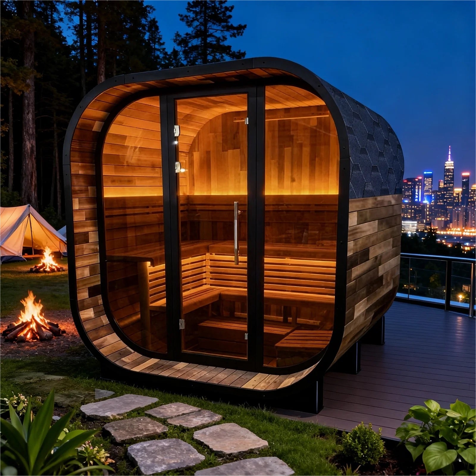 Black Square Premium Patchwork Red Cedar Outdoor Sauna 4-6 People