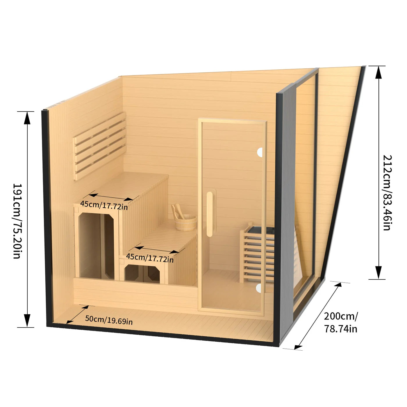 Helius Outdoor 4-6 Person Black Square Traditional Steam Sauna with Red Cedar Construction, 9000W Heater- - Luxury Home Spa Retreat for Backyard Relaxation